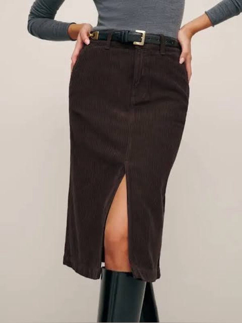 Reformation Lila Corduroy Midi Skirt in Brown